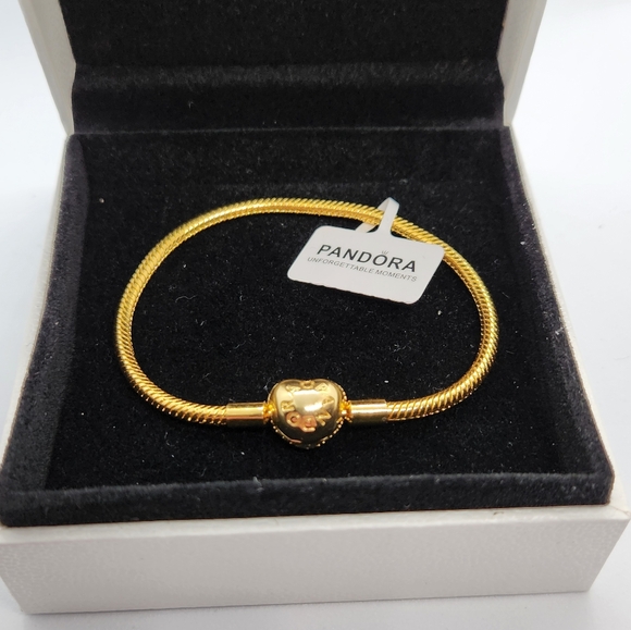 Pandora Moments 14k Golden Plated Sparkling Heart Claps Snake Chain Bracelet 7.1 - Picture 6 of 8